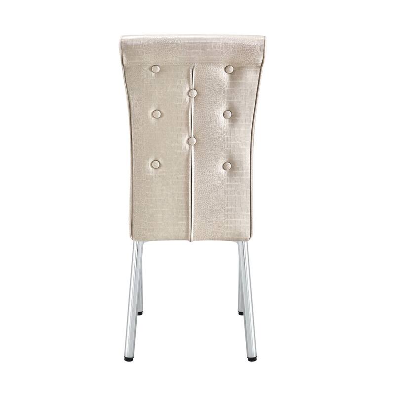 A set of 2 vintage crocodile leather cushioned dining chairs, featuring crystal clasp design and artificial leather design