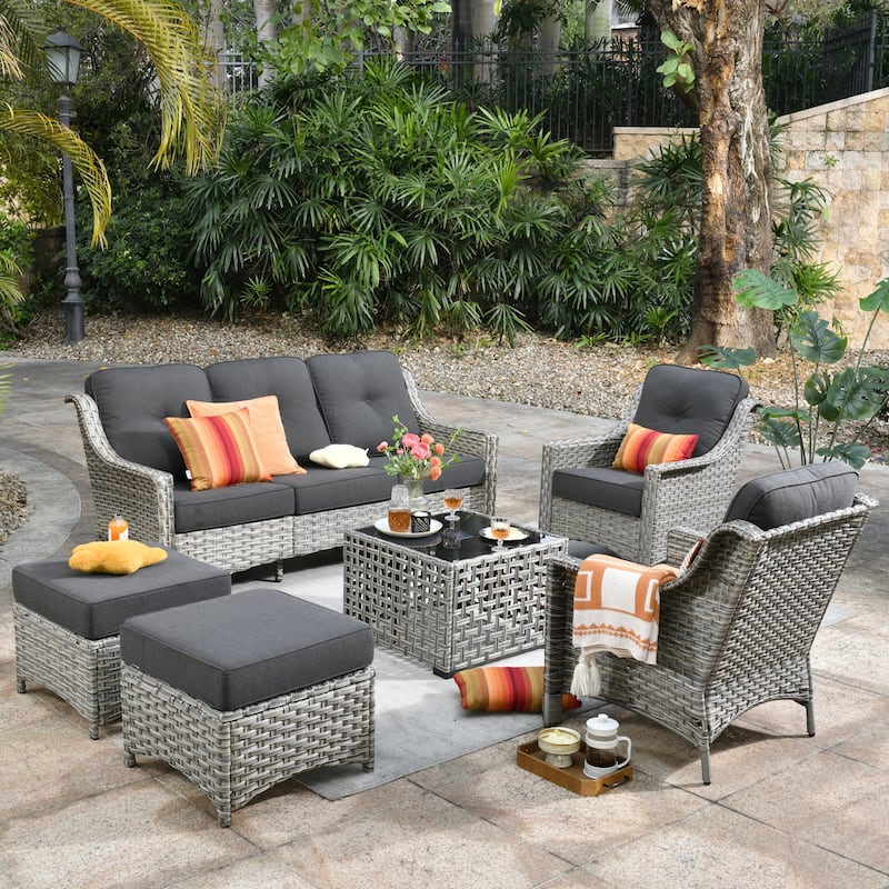 OVIOS 6 Pieces Outdoor Wicker Set With Solar-Powered Table - Black