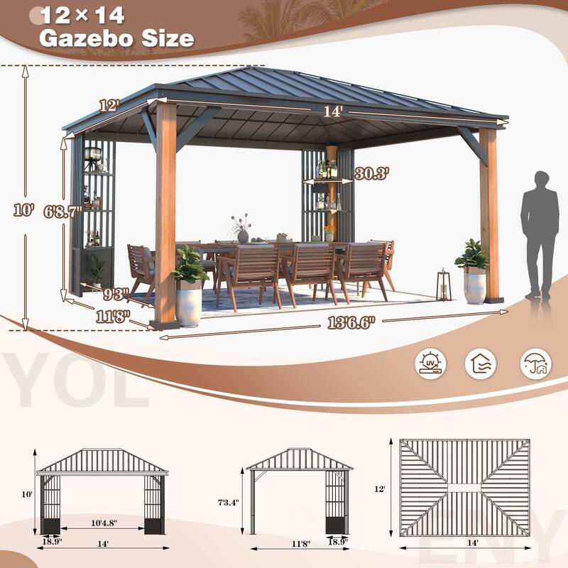 EROMMY 12' x 14' Hardtop Gazebo Faux Wood Grain Metal Gazebo with Storage Shelves, Outdoor Patio Gazebo Pergolas