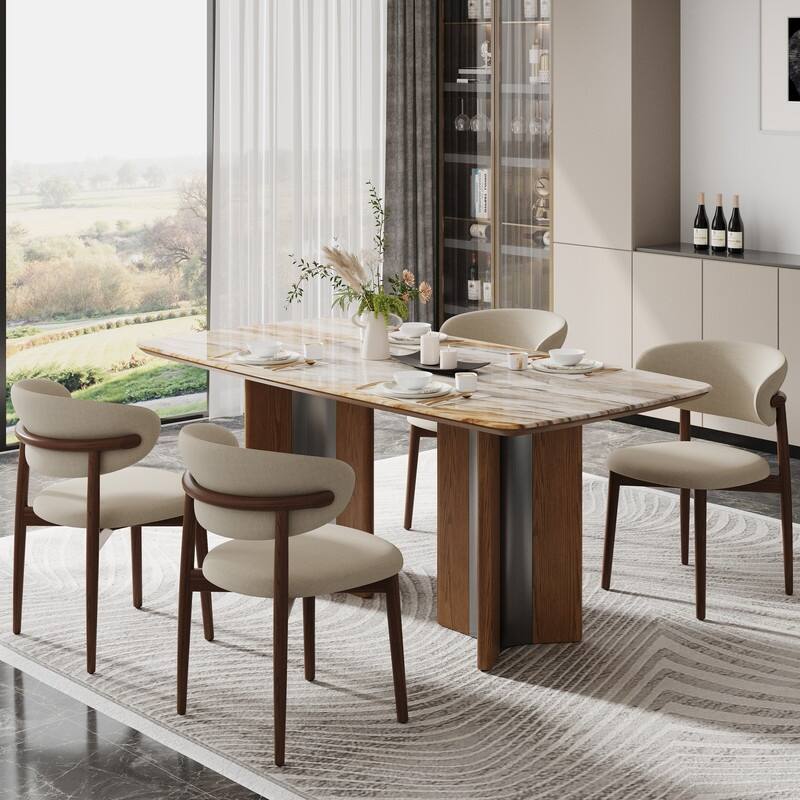 63" Modern Faux Marble Dining Table, Luxury Rectangular Kitchen Table with Wood & Metal Base, Seats 4-6