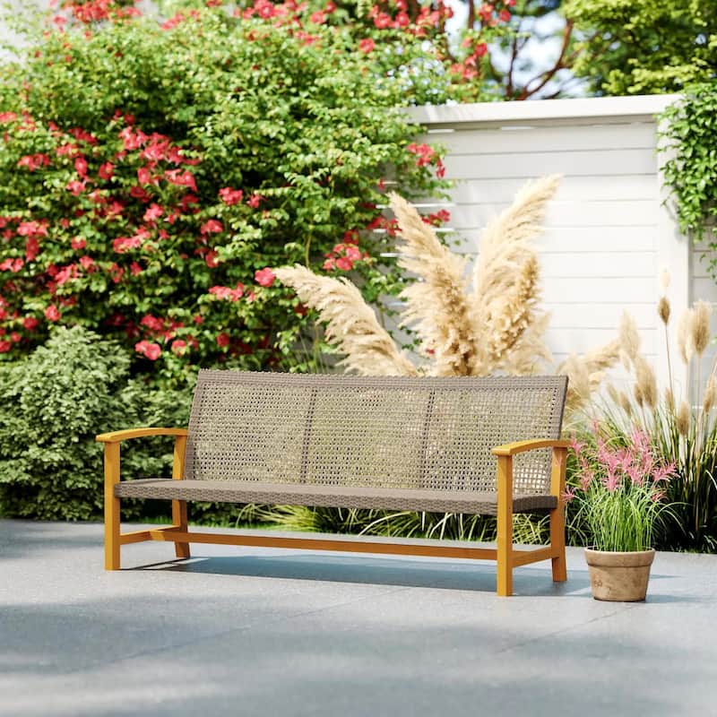 3-Seat Patio Wicker Sofa, Acacia Wood, Steel Armrests, 1000lb Capacity