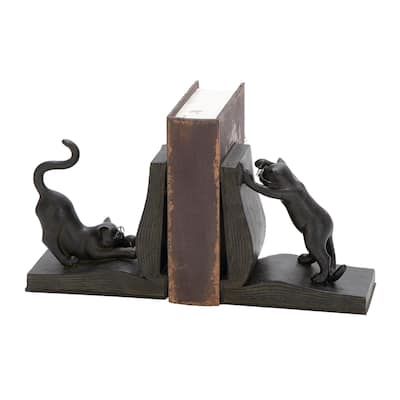 Polystone Cat Reading Decorative Bookends - Set of 2 Black - Roche River Decor