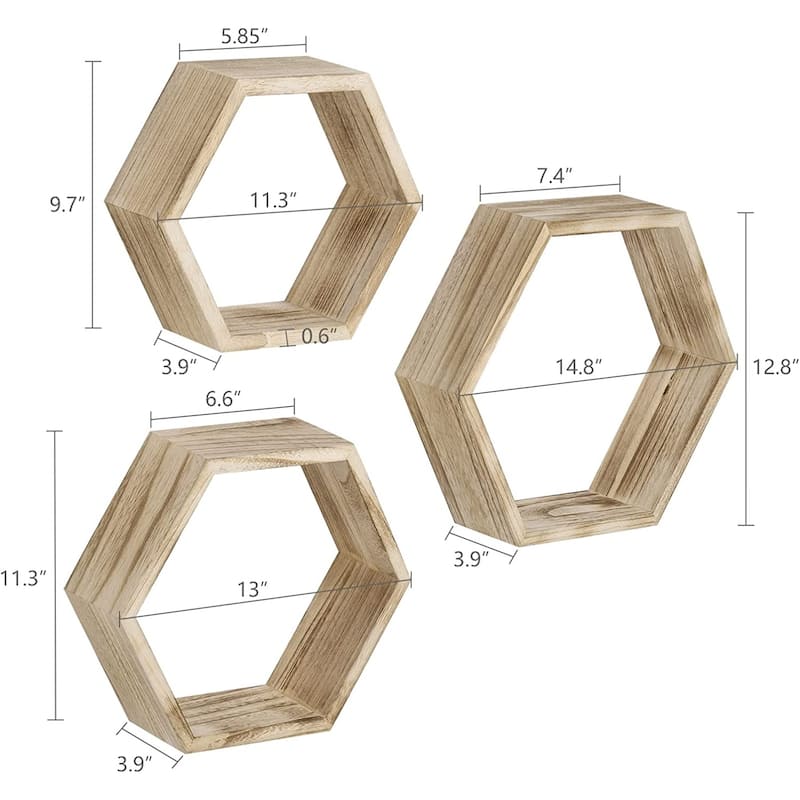 Set of 6 Wooden Hexagon Rustic Floating Shelves in Deep Natural Wood