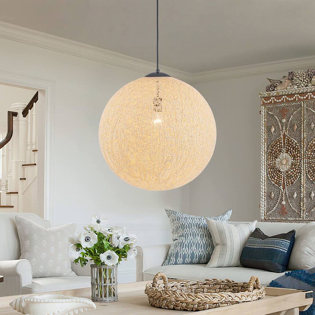Beige Woven Globe Pendant Light Adjustable Hanging Ceiling Fixture - Dia.19.69-in