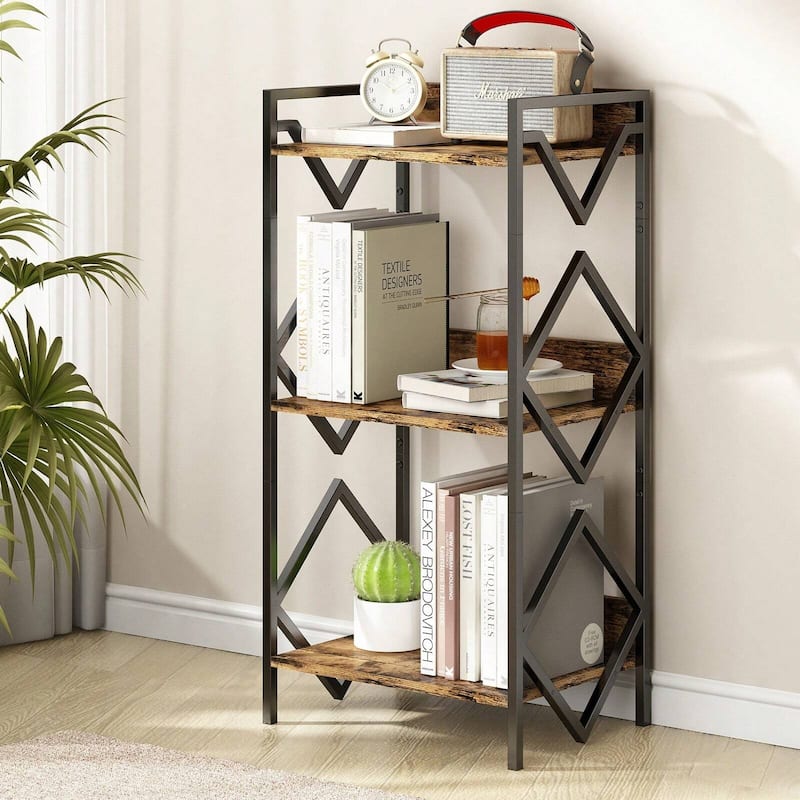 3 Tier Small Black Bookcase Wood and Steel Storage Shelf Space Saving Display Rack for Living Room Bedroom Office