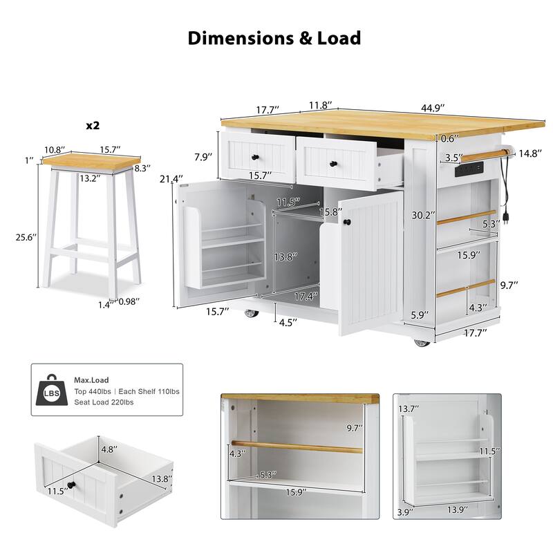 48Inch Large Kitchen Island With 2 Bar Stools
