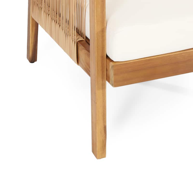 Roomfitters Club Chair, Acacia Wood Frame with Durable Brown Finish, Soft Beige Cushions for Outdoor Comfort