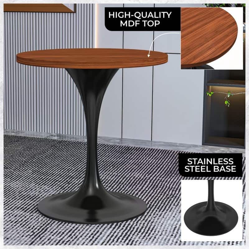 LeisureMod Verve 27" Round Dining Table with MDF Wood TableTop and Black Steel Base for Kitchen & Dining Room - 27.56"