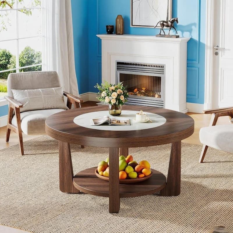 Brown MDF Wood Round Coffee Table with Double Layer Storage and Sturdy L-Legs for Living Room - 31.5"L x 31.5"W x 17.7”H