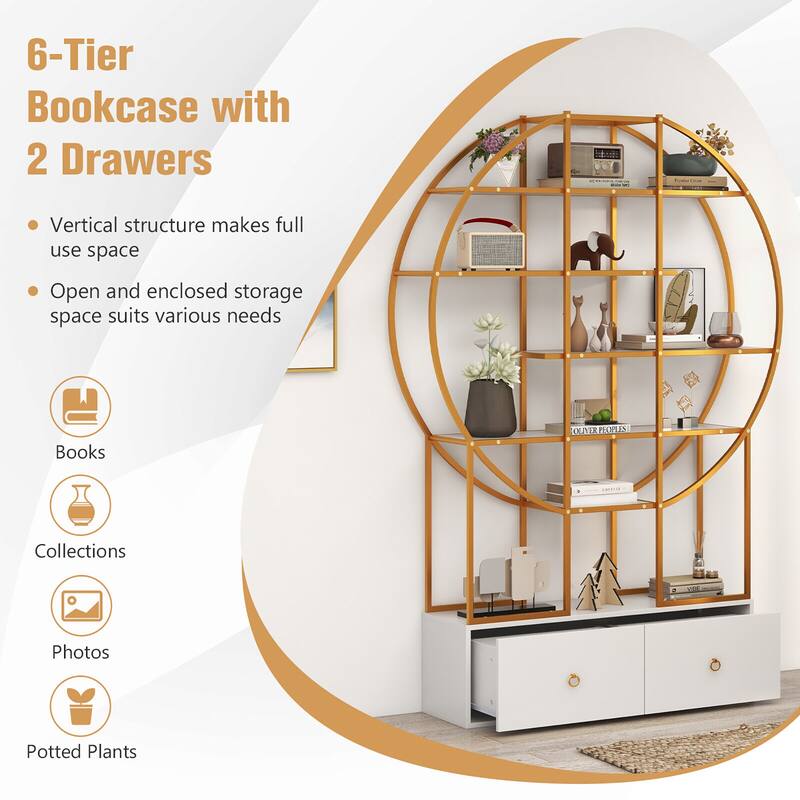 Gymax 71'' Tall Metal Bookcase 6-Tier Gold Bookshelf w/ 2 Storage
