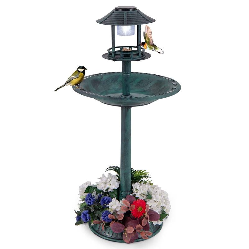 Costway 3-In-1 Pedestal Bird Bath with Solar Light with Bird Feeder & - See Details - Green