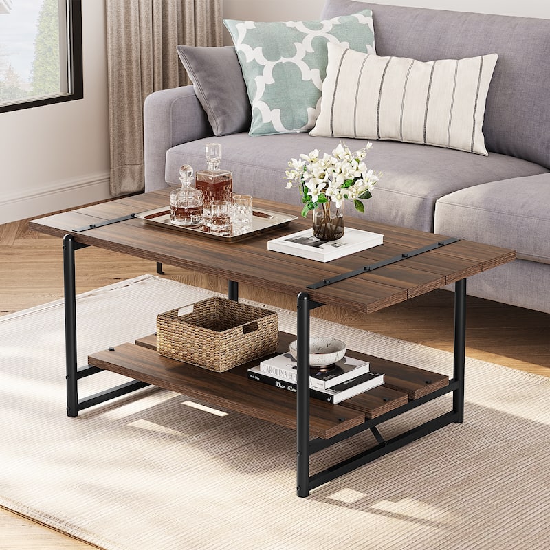 2-Tier Farmhouse 41'' Large Gray Wood Coffee Table - dark Walnut