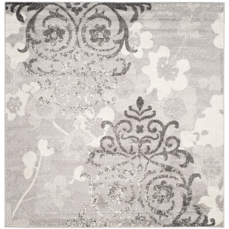 SAFAVIEH, Adirondack Rena Damask Floral Distressed Rug - 6' Square - Silver/Ivory