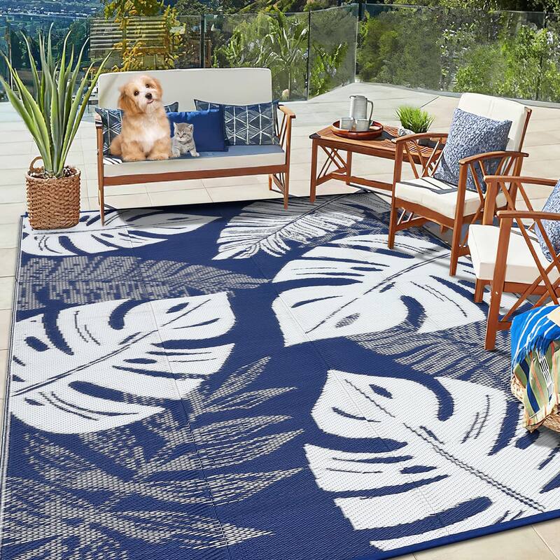 Outdoor Rug Waterproof Reversible Rug Modern Leaves Plastic Straw Area Rug