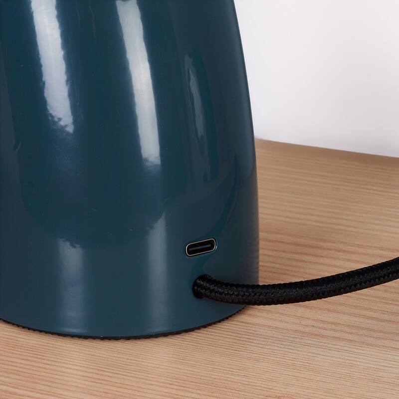 Vino LED 7.95 in Glossy Teal Midcentury Round Globe Dimmable Bedside Nightstand Desk Lamp with Fast Charging USB-C Port
