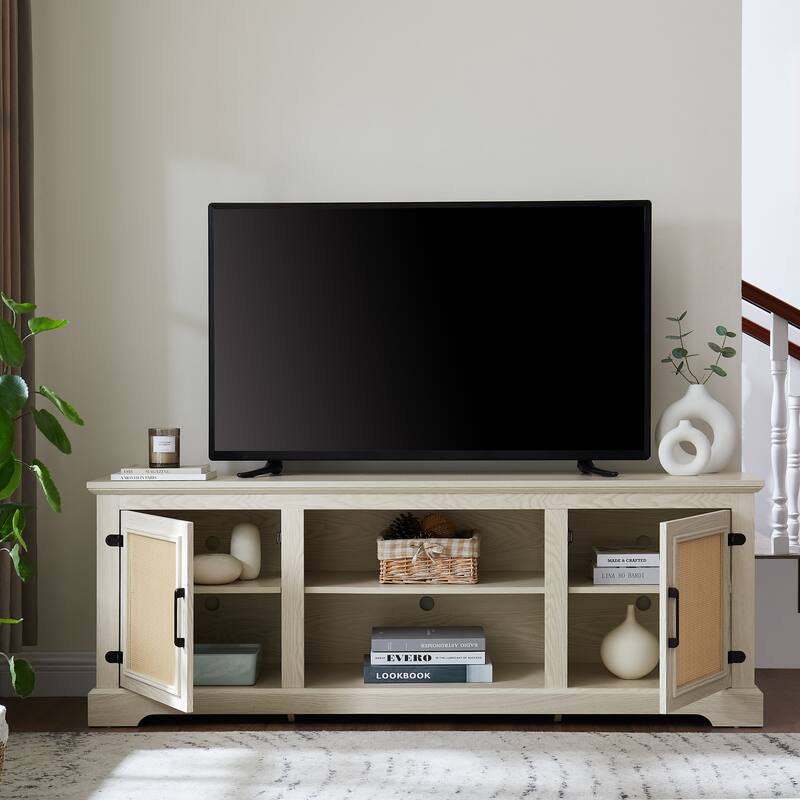 Rattan TV Stand for 70" TVs, 65" Farmhouse Media Console Table with 2 Shelves and Cable Management