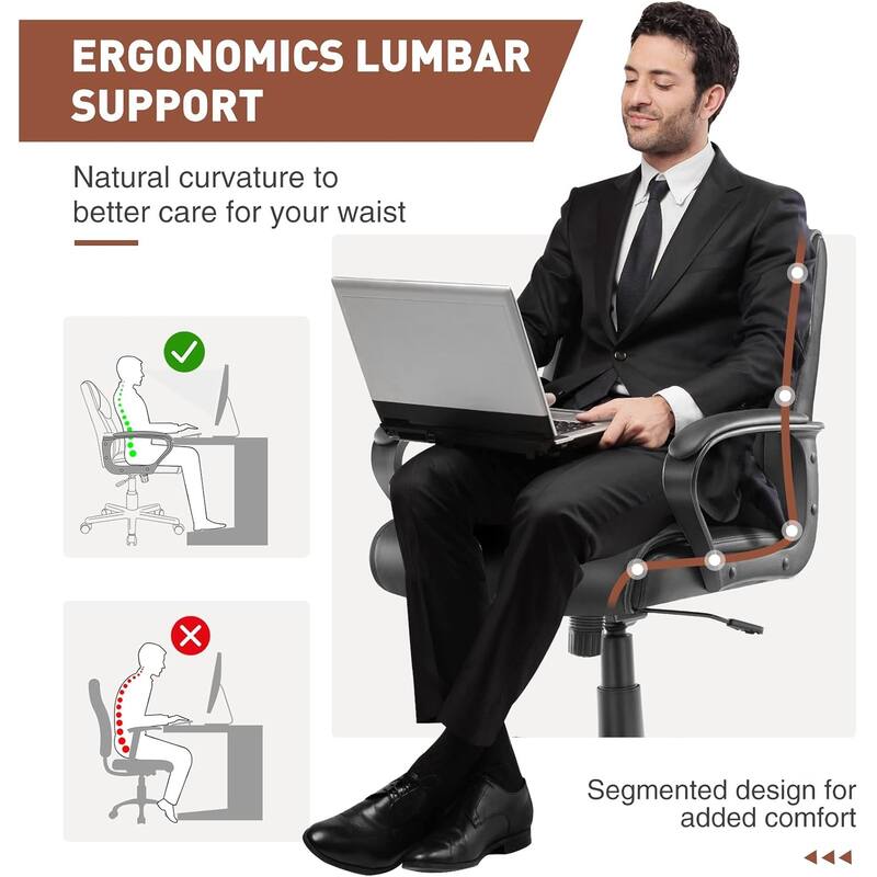 Executive Office Chair with Padded Armrests Mid Back Lumbar Support and Adjustable Height Tilt Angle, PU Leather Swivel Rolling