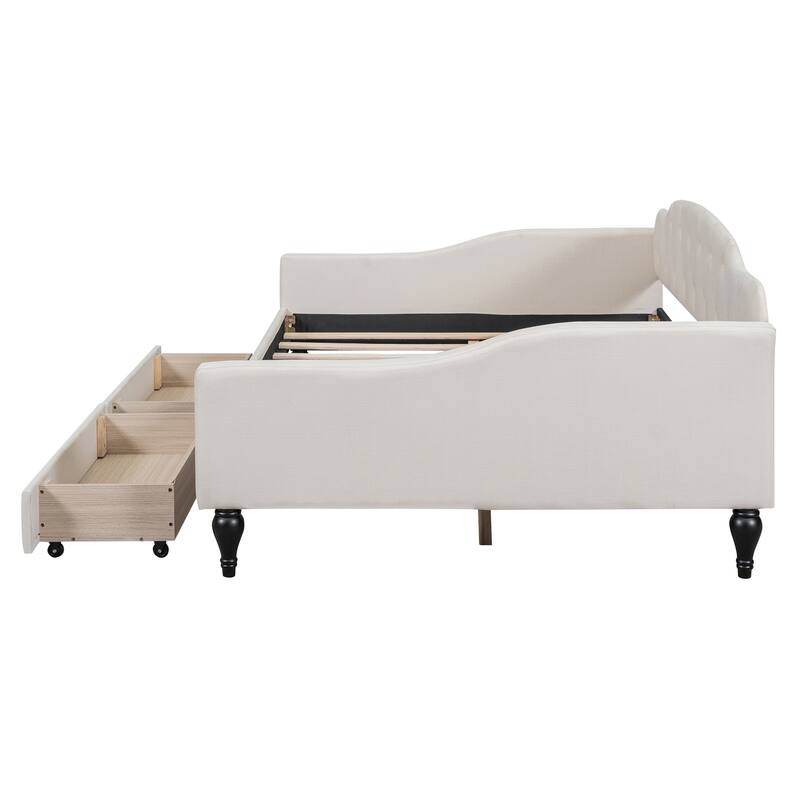 Full Size Upholstered Tufted Daybed with Two Drawers in Beige