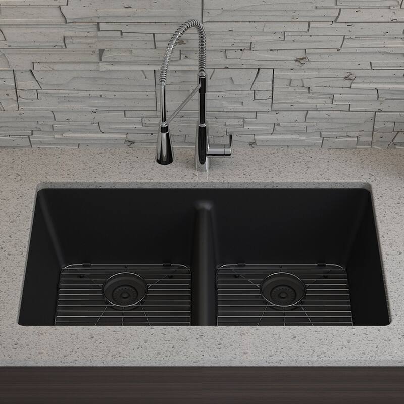 Lexicon Platinum 32" Quartz 50/50 Double Bowl Sink with Grids & Drain