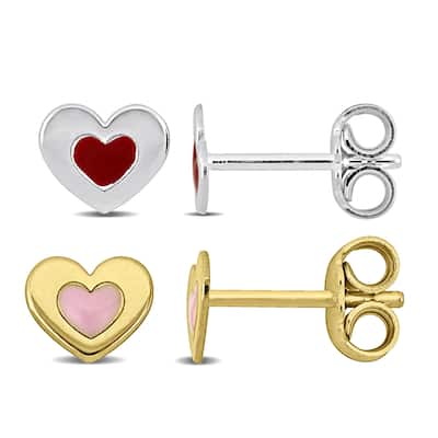 Miadora Children's Heart Enamel Stud Earrings 2-Piece Set White and Yellow Plated Silver