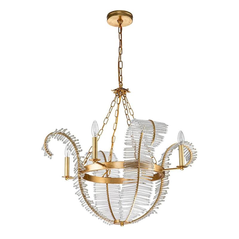 French Vintage Luxe Gold Foiled Bloom Crystal Chandelier 29in Wide