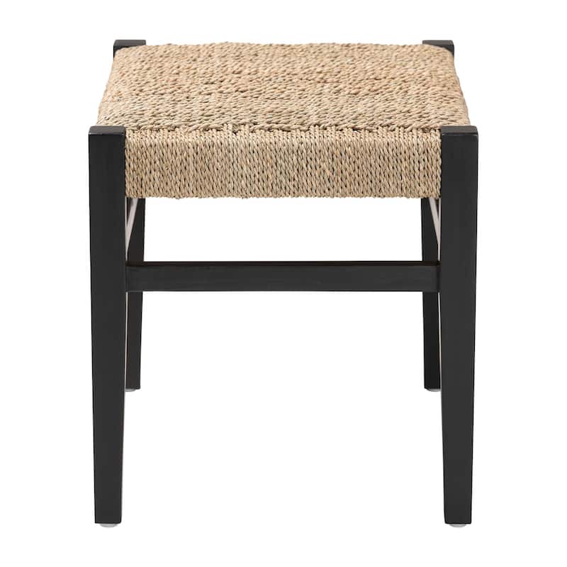Amber Seagrass Accent Bench - Handwoven Natural Fiber Stool with Black Wood Frame, Compact Coastal Boho Seating
