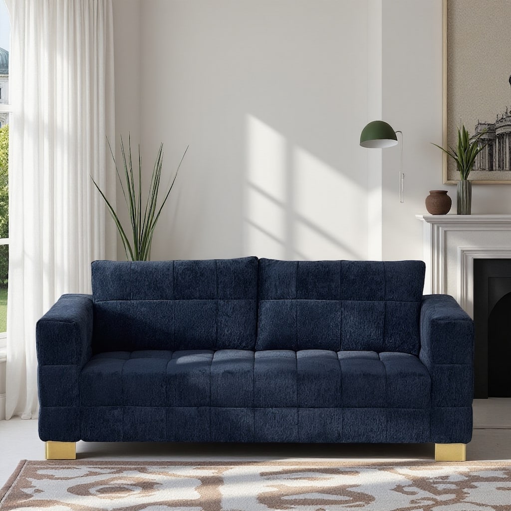 Roomfitters Modern Block Tufted Upholstered Sofa with Gold Legs and Square Arms, Elegant 3 Seater Living Room Couch, Retro Blue