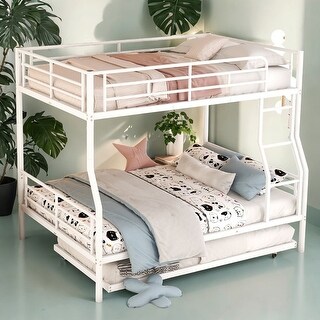 Industrial Modern Full XL Over Queen Metal Bunk Bed with Trundle, Save Space or Split Into 2 Beds, Crafted For Safety, White