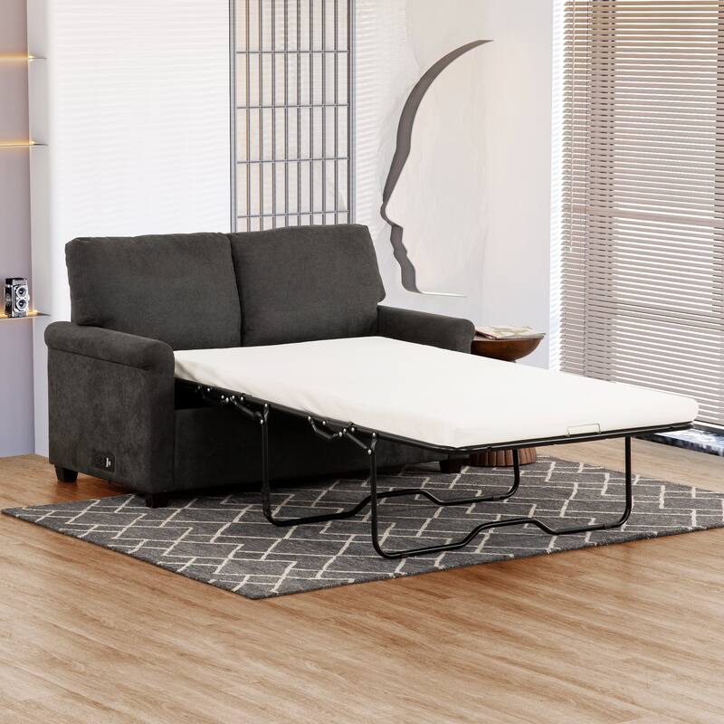 Convertible Twin Sleeper Sofa with USB Ports, 2-Seater Sofa Bed, Dark Gray