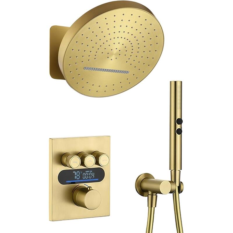Lefton Shower System in Fahrenheit Display, 13” Overhead Shower Head with All-in-one Handheld Spray Showerhead, SSWM2501 - Brushed Gold