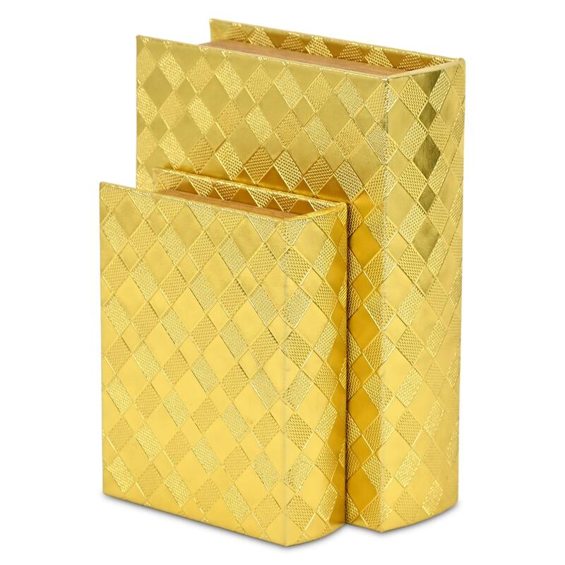 Diamond Checkered Nesting Book Boxes - 11" - Gold - Set of 2