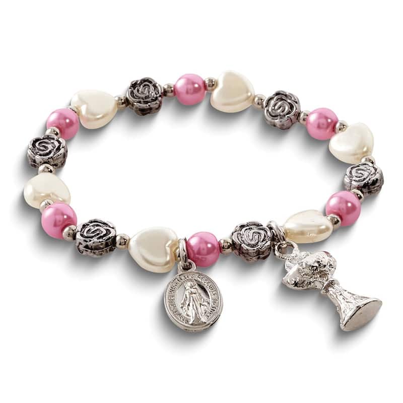 Curata Silver-Tone First Communion Rose Beaded Bracelet