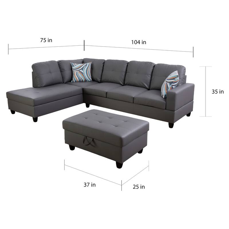 Left Facing Grey 3-piece Sectional Sofa Set(9516A)