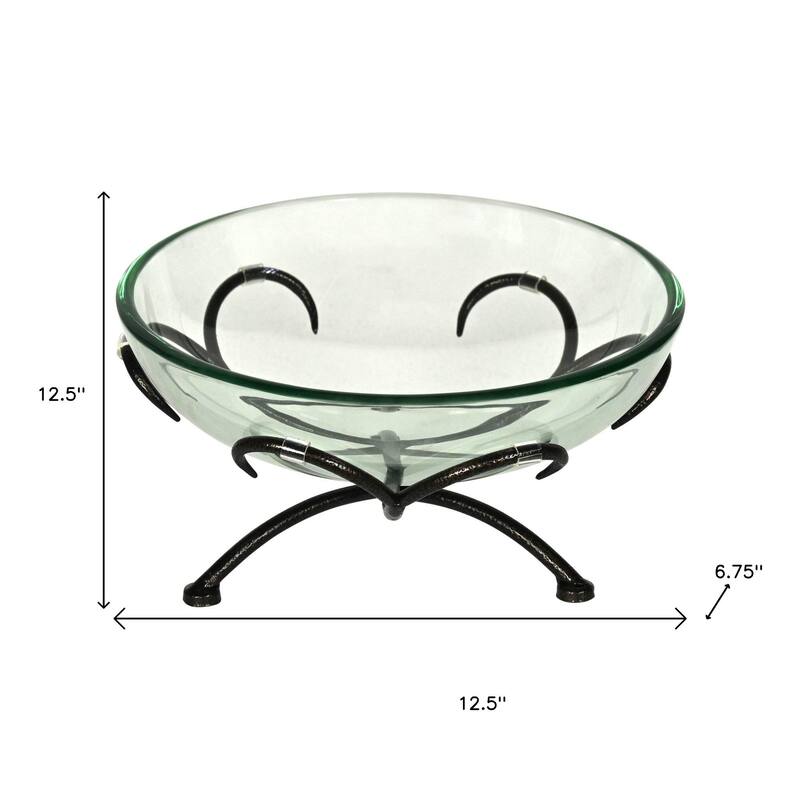 HomeRoots 13" Clear And Black Glass And Metal Round Decorative Bowl With Stand - 12.50 in. x 6.75 in. x 12.50 in.