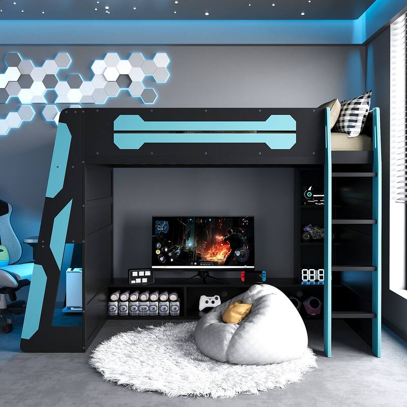 Roomfitters Twin Gaming Loft Bed with Desk, Shelves and RGB Light Strip, Esports Style - Blue
