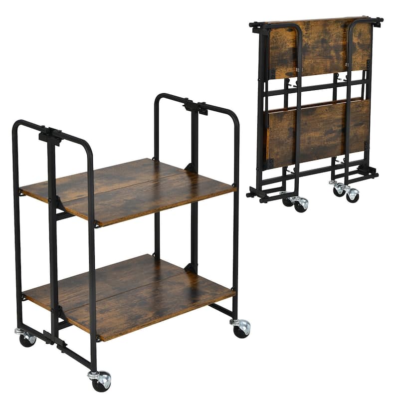 Gymax 2-Tier Folding Bar Cart Kitchen Serving Island Utility Cart