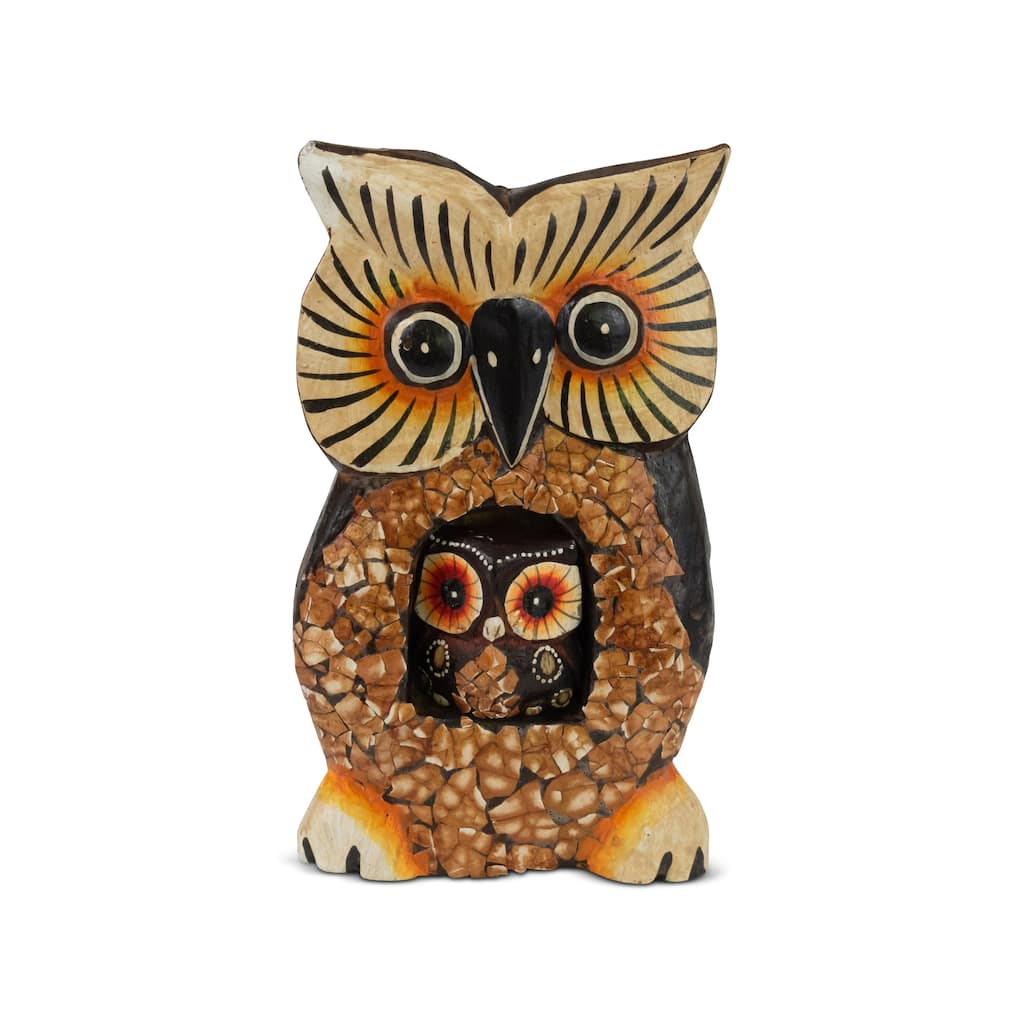 Wooden Handmade Owl Statue with Baby Owl Painted Handcrafted Figurine Decor Sculpture Hand Carved Decorative Decoration Cute