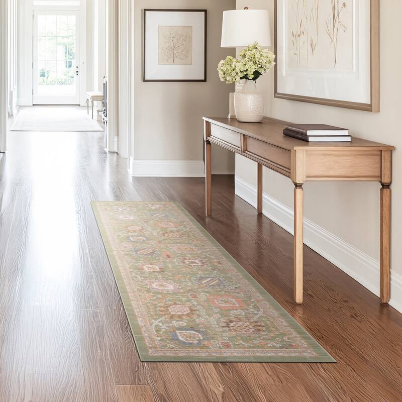 Crosswood Alyssa Traditional Floral Indoor Polyester Area Rug - 2'3'' x 7'7'' - Sage/Brown