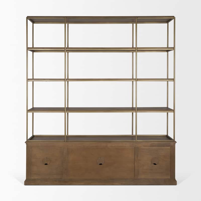 Baron Light / Dark Brown Wood w/ Antiqued Aged Brass Metal 2-Door / 4-Door Open Shelving Unit