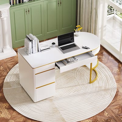 60''Executive Desk,Curved Computer Desk with Gold Metal Legs,3-Drawers Home Office Desk,Writing Desk with 1 Storage Cabinet