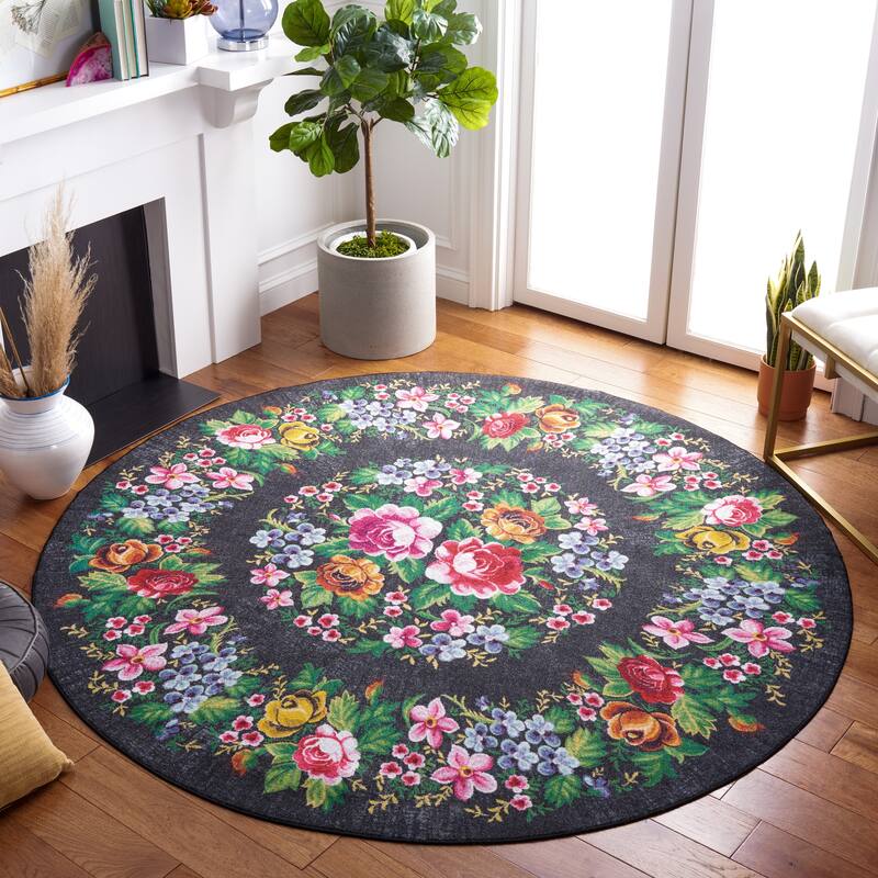 SAFAVIEH Journey Machine Washable Slip Resistant Janeen Traditional Oriental - 6'7" x 6'7" Round - Charcoal/Green - Round
