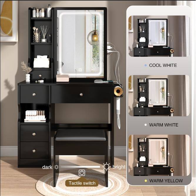 Left Drawer Makeup Vanity with LED Mirror and USB Power Station and Cushioned Stool