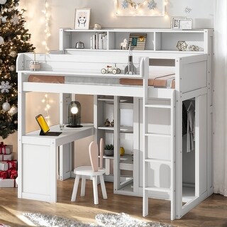 Twin Size Loft bed with Multiple Storage Shelves and Wardrobe for Home