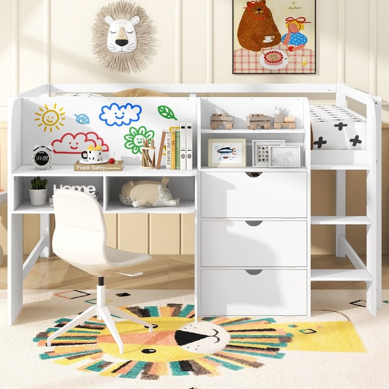 Full Size Low Loft Bed with Built-in Desk, Open Bookcase and Storage Cabinets
