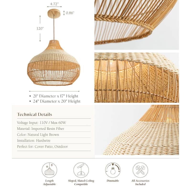 Beatrice Outdoor Rattan Pendant Light - Brown Large Dome 1-Light Handwoven Hanging Light For Coastal, Tropical, Boho Room Decor