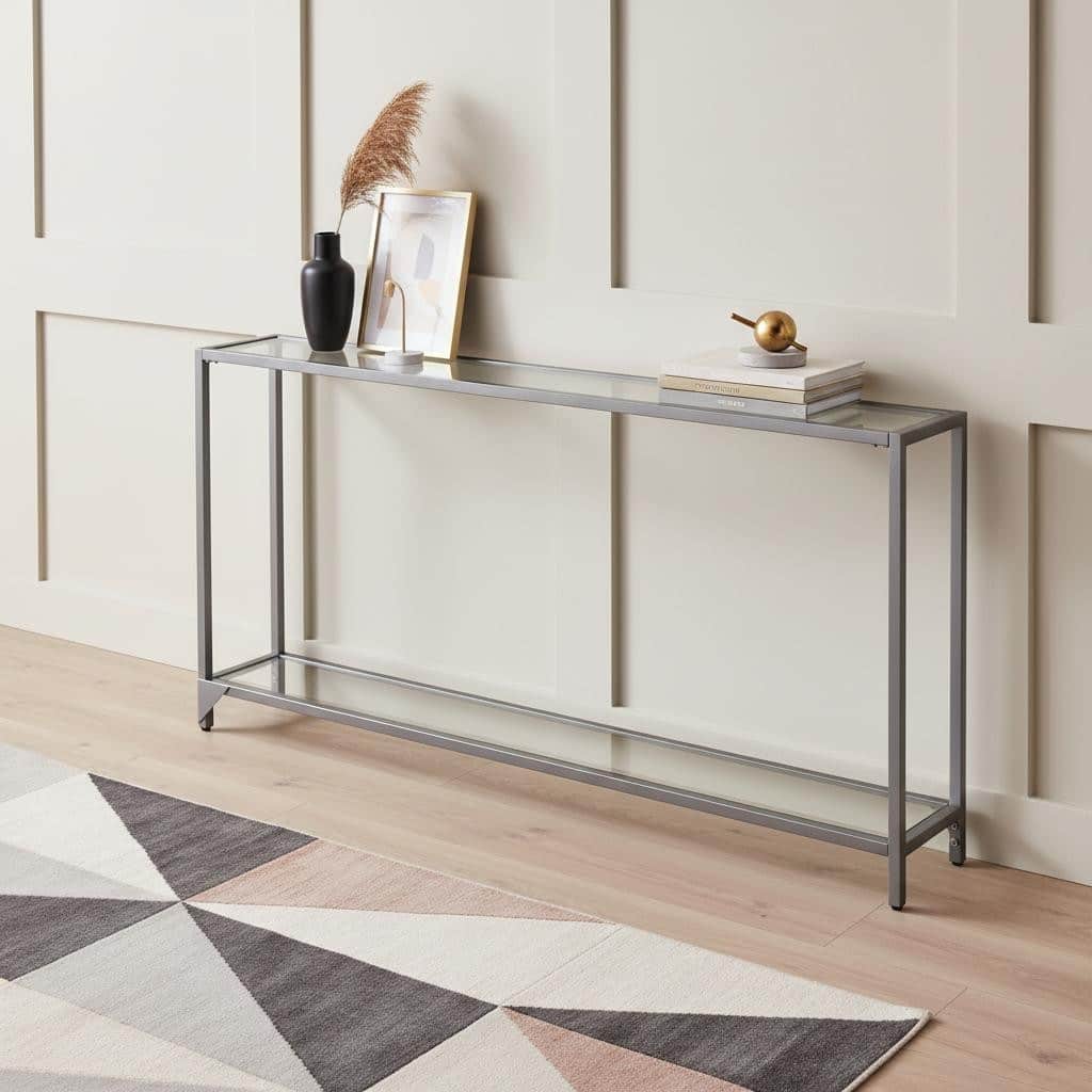 HomeRoots 56" Clear and Silver Glass Mirrored Floor Shelf Console Table With Storage - 56.00 in. x 29.00 in. x 8.00 in.