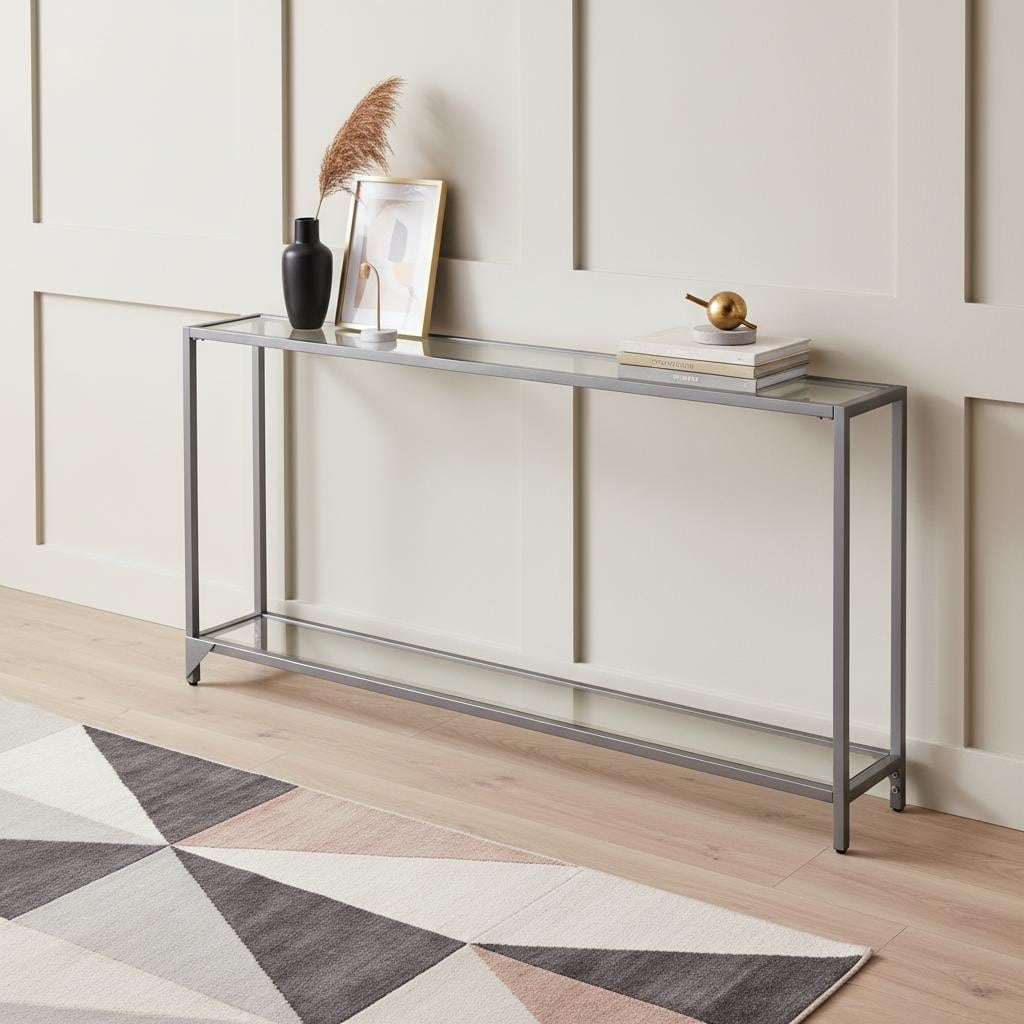 HomeRoots 56" Clear and Silver Glass Mirrored Floor Shelf Console Table With Storage - 56.00 in. x 29.00 in. x 8.00 in.