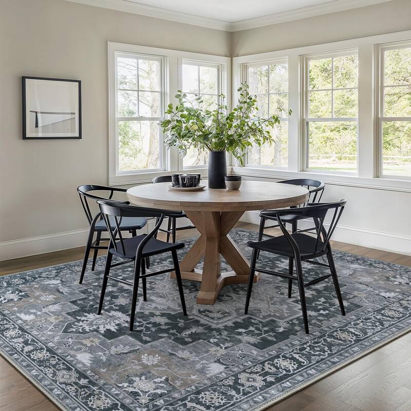 Mcow Grey Floral Low Pile Machine Washable Non-Slip Area Rug