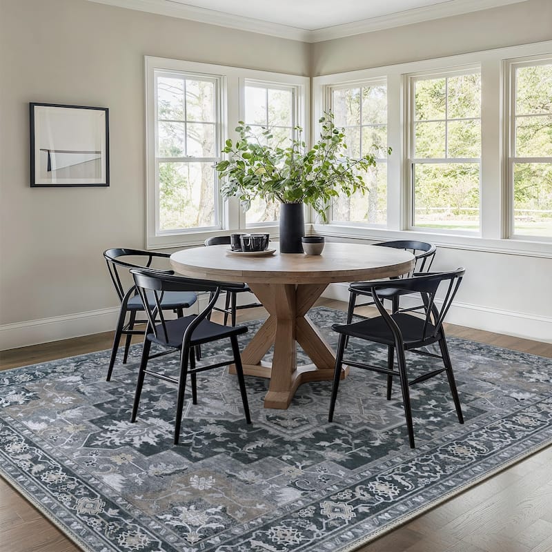 Mcow Grey Floral Low Pile Machine Washable Non-Slip Area Rug