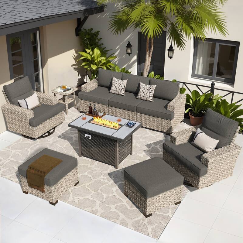 HOOOWOOO 9-piece Wicker Patio Furniture Swivel Rocking Chair Set with Fire Pit - Black